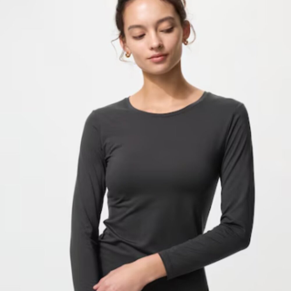 Uniqlo Heattech Womens Long Sleeve Shirt Warm Base Layer Basic Dark Gray Large